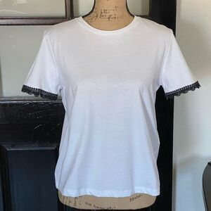 NWOT. Zara White Tee with Black Lace Trim, Sz M